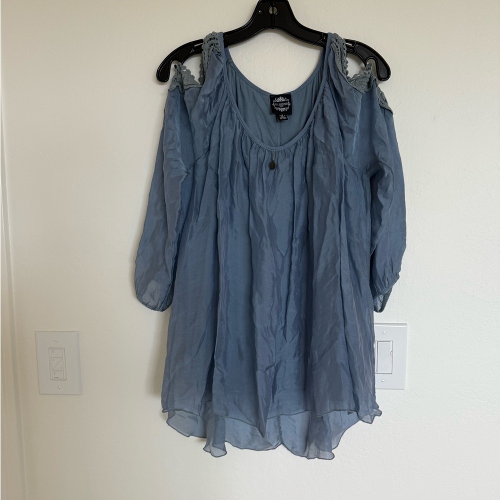 Gray Ruffled Cold Shoulder Silk Blouse